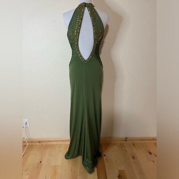 Jovani 89892 olive green gold studs jersey cutout halter mermaid dress NEW 4 - Picture 4 of 9